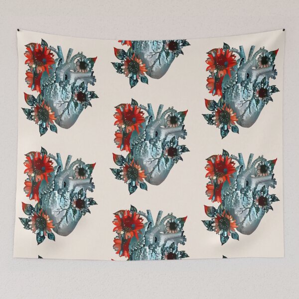 Item preview, human heart with flowers and daisy, blue red orange color, anatomy art designed and sold by Collagedream.