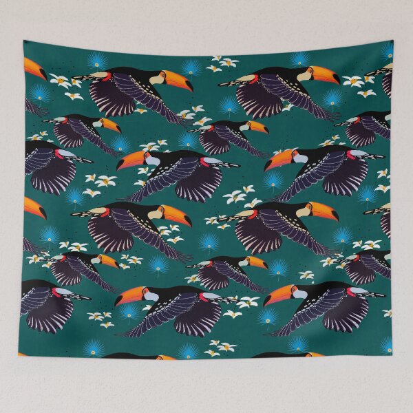 Item preview, Exotic toucan pattern whit white and blue flowers  designed and sold by AKart19.