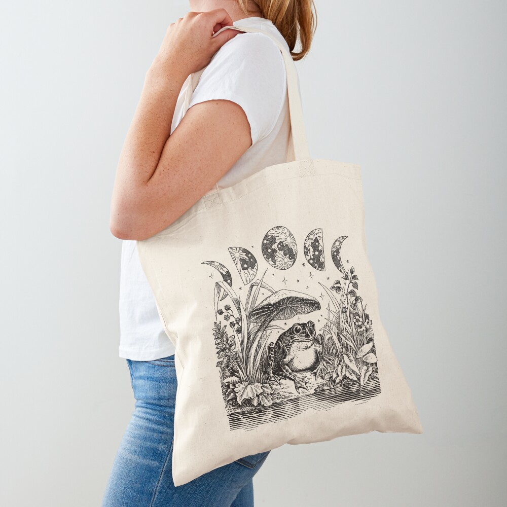 Cute Cottagecore Aesthetic Frog Mushroom Moon Witchy Vintage - Dark Academia Goblincore Witchcraft Froggy - Emo Grunge Nature Fantasy - Fairycore Toad Toadstool Pond  Tote Bag