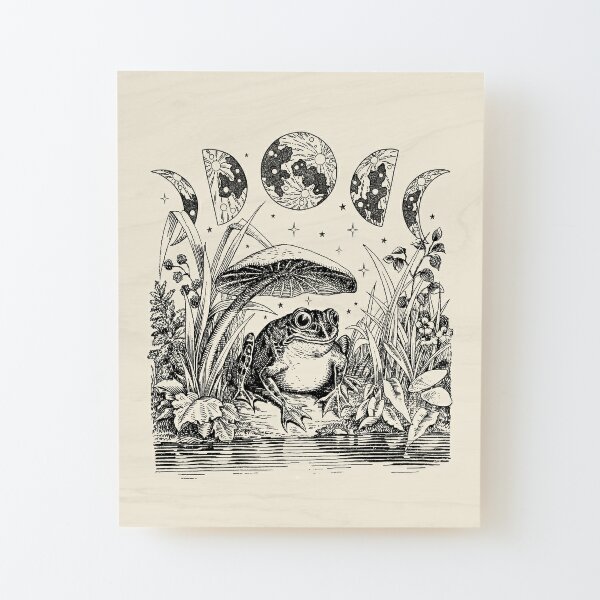 Cute Cottagecore Aesthetic Frog Mushroom Moon Witchy Vintage - Dark Academia Goblincore Witchcraft Froggy - Emo Grunge Nature Fantasy - Fairycore Toad Toadstool Pond  Wood Mounted Print