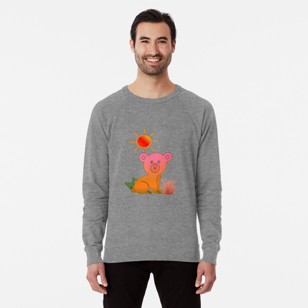 A pink yellow bear caricature with a green bird Lightweight Sweatshirt