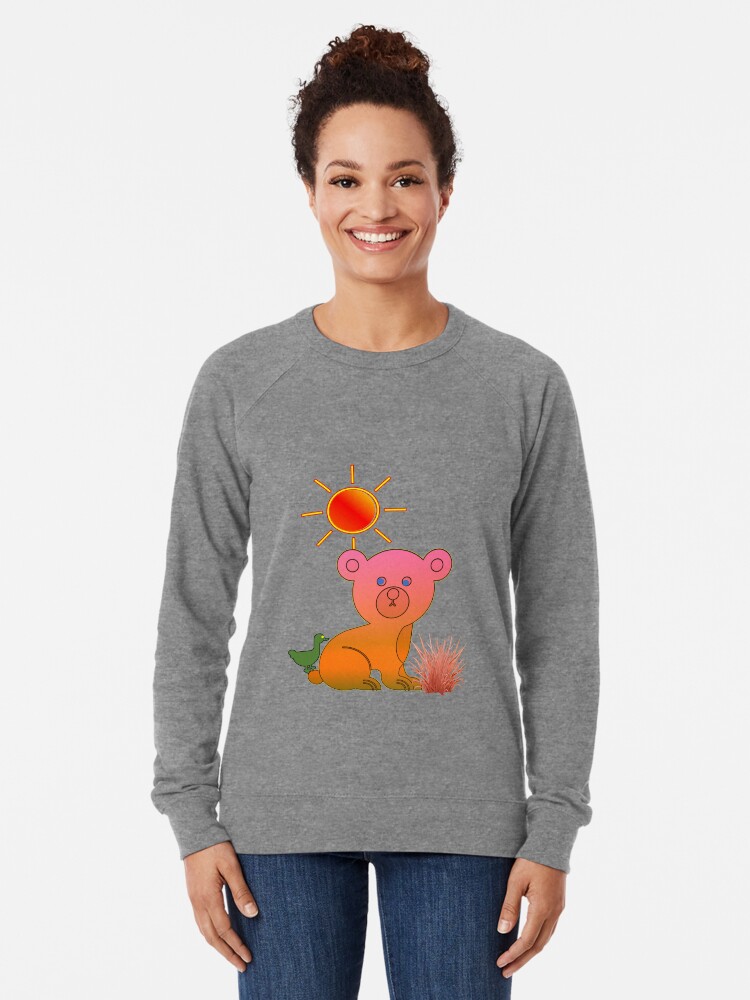 Alternate view of A pink yellow bear caricature with a green bird Lightweight Sweatshirt