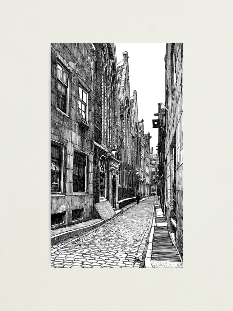 Narrow Alleyway Vintage Illustration Black And White Photographic Print By Eninageonline Redbubble