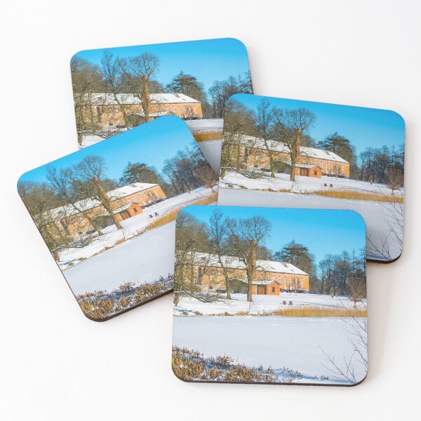 Item preview, Old riding hall across a frozen lake in the snow in Putbus, Rügen Island designed and sold by Michael Brewer.