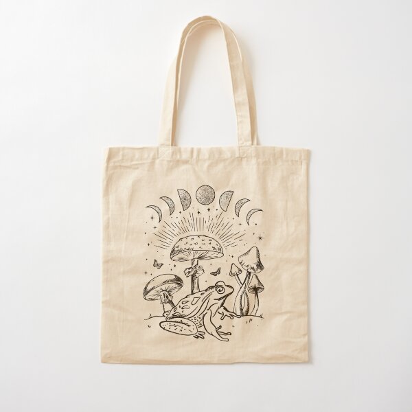 Frog Under Mushroom Dark Academia Cottagecore Aesthetic Goth Mystical - Edgy Alternative Look - Fungi Butterfly Toad In Forest Themed Psychedelic Nature - Gardencore Witchy Vibes Cotton Tote Bag