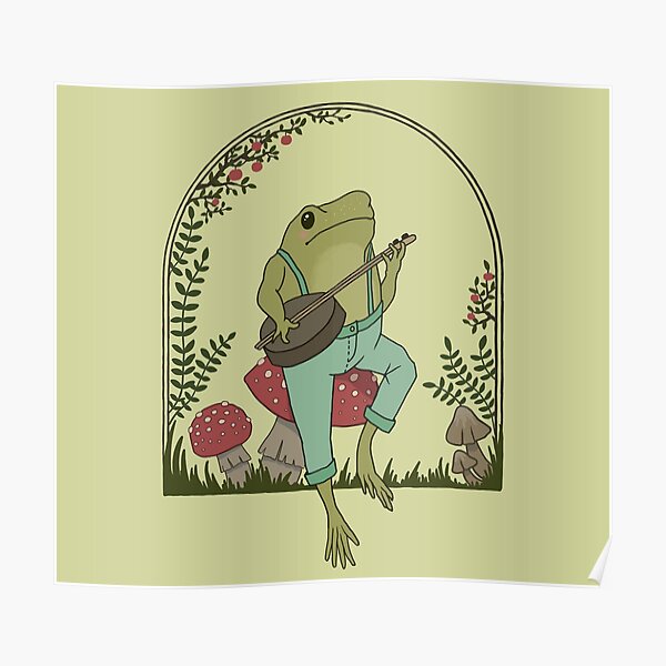 Cottagecore Aesthetic Frog Playing Banjo on Mushroom Cute Vintage Poster