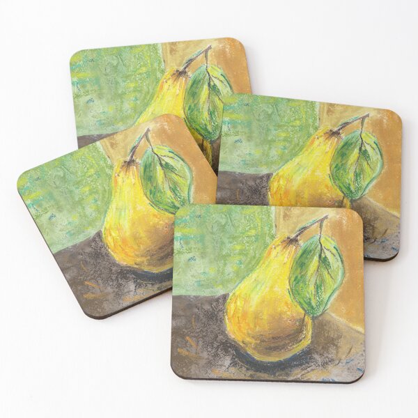 Item preview, large yellow pear with green leaf, still life on a colored background designed and sold by panyulia21.