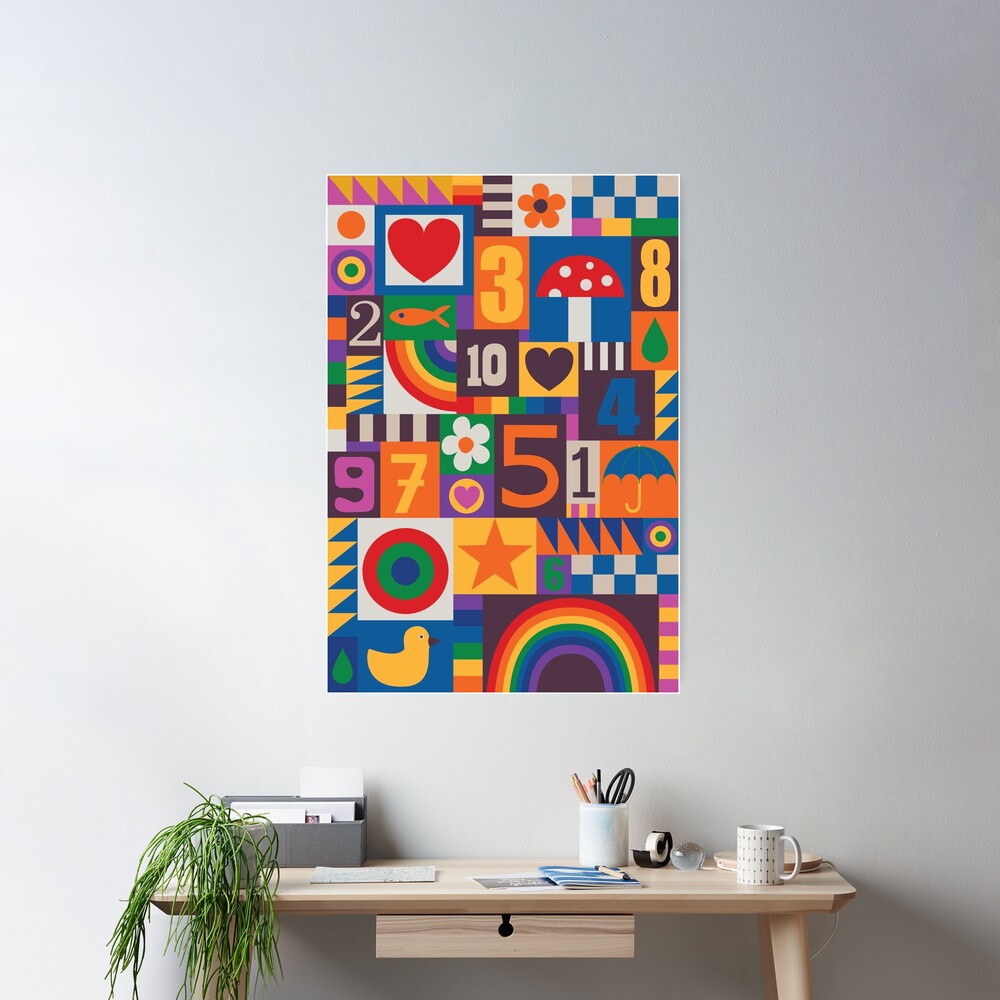 Pop Art Patchwork - Red and Rainbow - Fun Retro Pattern by Cecca Designs Poster
