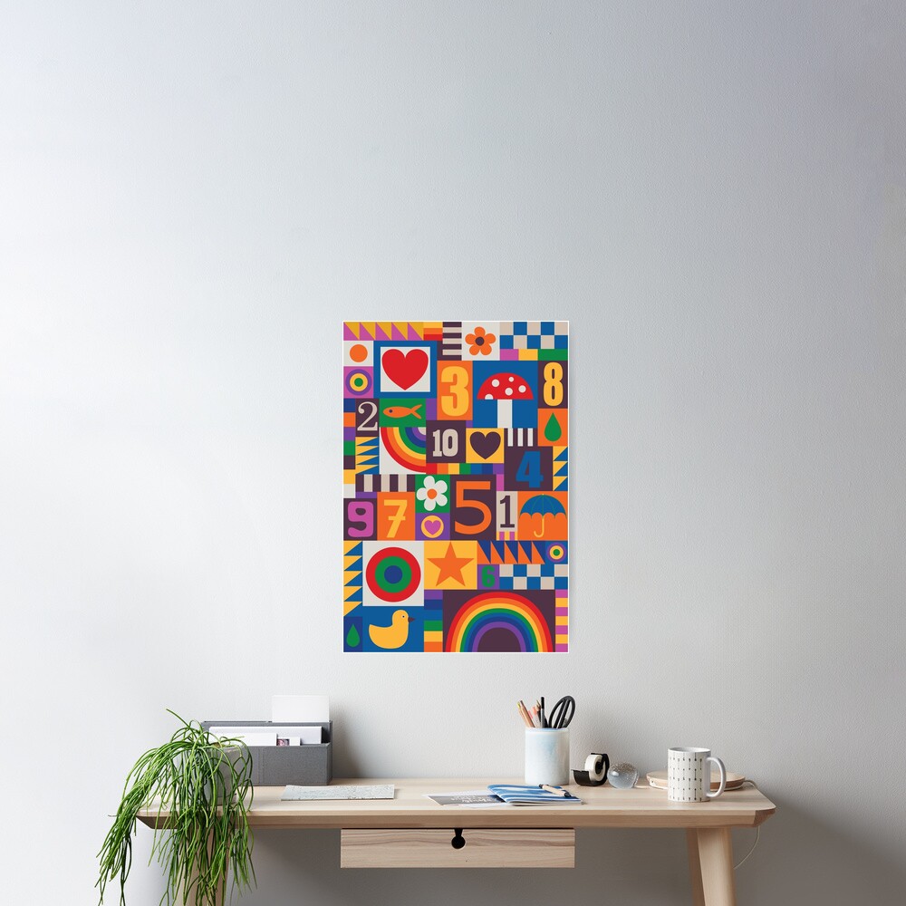 Pop Art Patchwork - Red and Rainbow - Fun Retro Pattern by Cecca Designs Poster