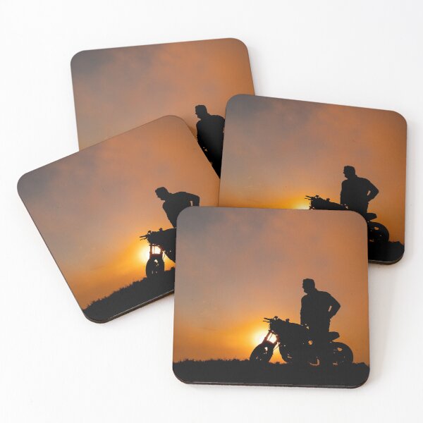 Item preview, Silhouette of motorbike and person in the sunset, with orange and yellow colors. designed and sold by AylaHarbich.