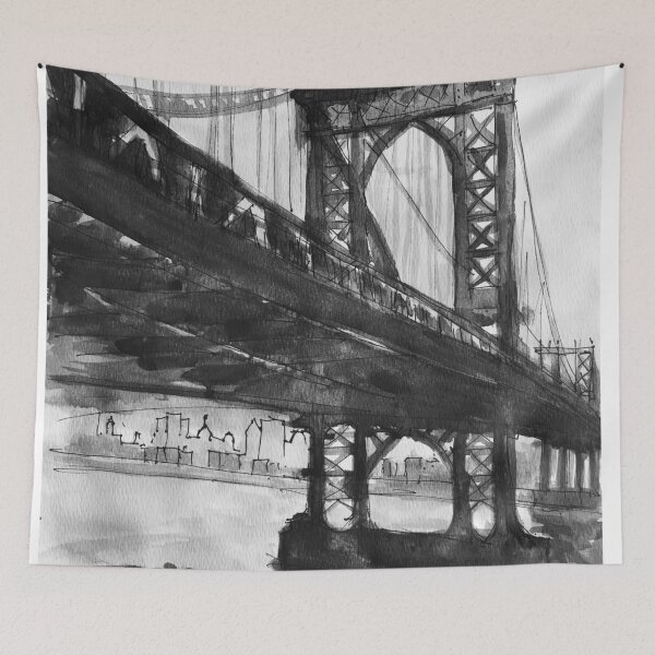 Item preview, Manhattan Bridge Brooklyn New York Black and White Watercolor Painting designed and sold by TheJoeyStudio.