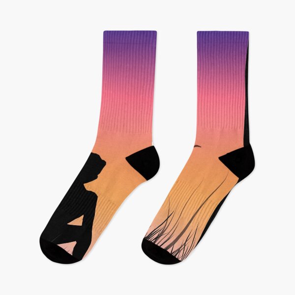 Item preview, Silhouette of woman sitting in grass during sunset, yellow, orange and blue colors with birds in background. designed and sold by AylaHarbich.