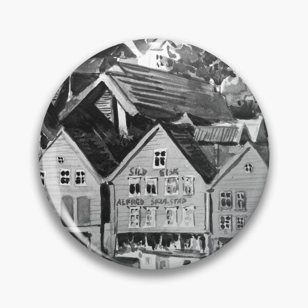 Artikelvorschau, Bergen Norwegen Old Warf schwarz und weiß Aquarell Malerei entworfen und verkauft von TheJoeyStudio.