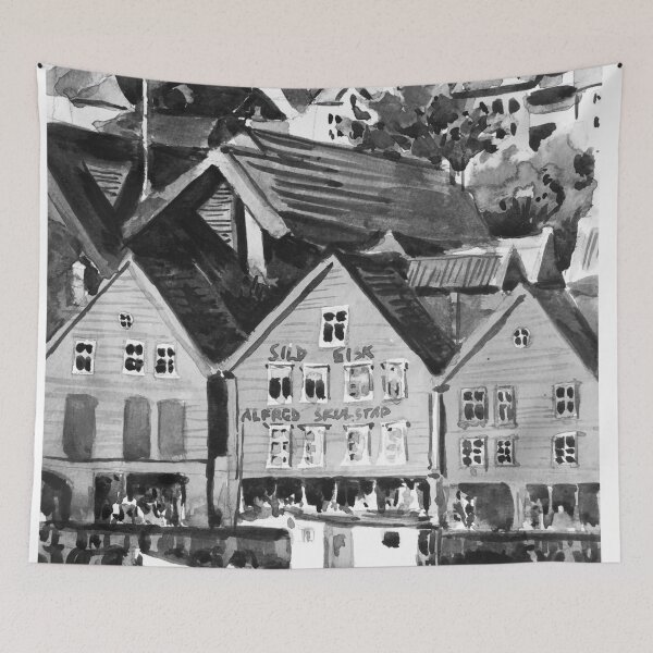 Item preview, Bergen Norway Old Warf Black and White Watercolor Painting designed and sold by TheJoeyStudio.