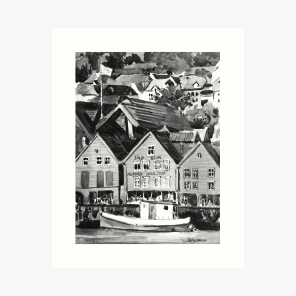 Item preview, Bergen Norway Old Warf Black and White Watercolor Painting designed and sold by TheJoeyStudio.