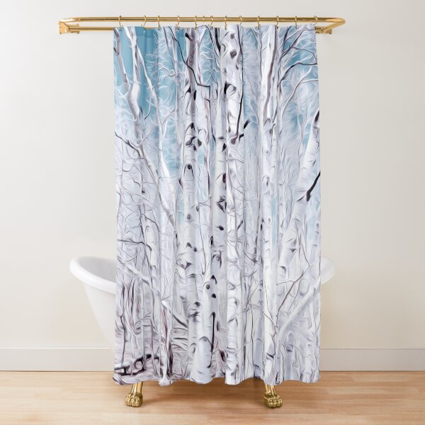 Tree Shower Curtain Abstract Birch Forest Vintage Hand Painted Retro Blue Tan 