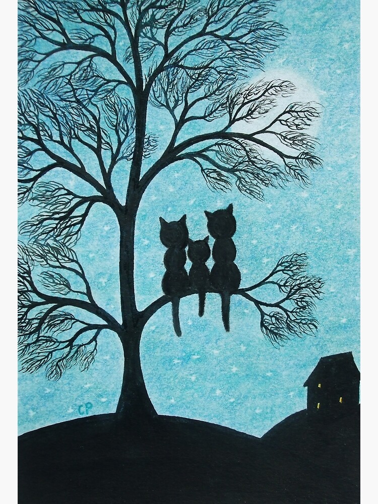 Cats In Tree Three Cats Silhouettes Cats Moon Stars Greeting Card By Claudineperonne Redbubble