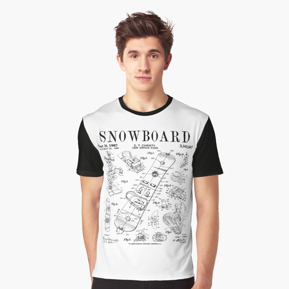 Snowboard Winter Snowboarding Vintage Patent Drawing Print Black\