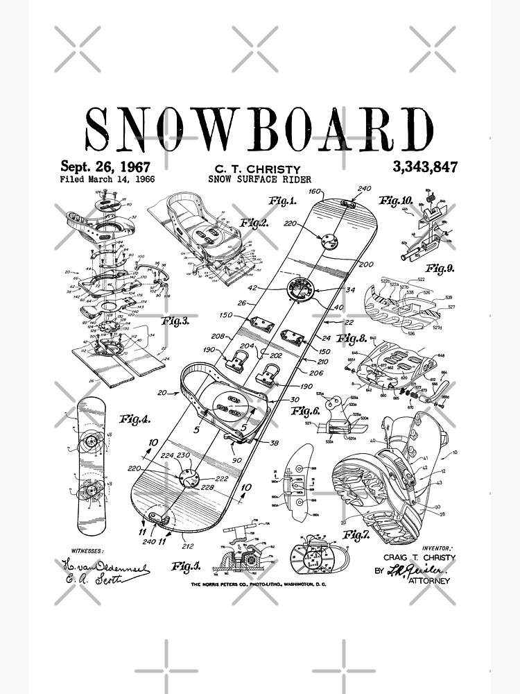 Snowboard Winter Snowboarding Vintage Patent Drawing Print Black Canvas Print