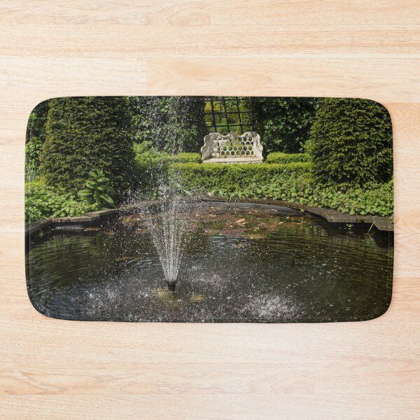 Item preview, Backyard Oasis - White Garden Bench by the Fountain designed and sold by Georgia Mizuleva.