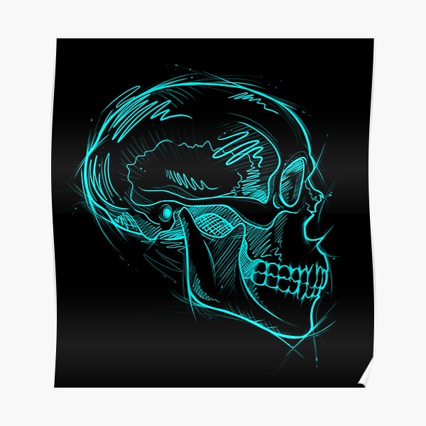 Illustrative Tattoo Skull Sketch Art - Neon Ink Poster