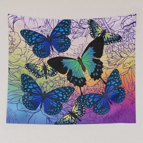 Item preview, Bright Blue Butterflies on Jewel Colored Peony Background designed and sold by FringyGingy.
