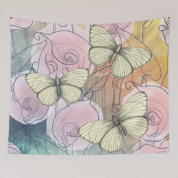 Item preview, Pastel Yellow Butterflies with Pink Watercolor Kala Lilies designed and sold by FringyGingy.