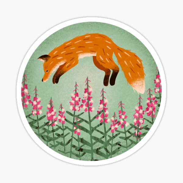 Item preview, Red fox jumping in a field of fireweed flowers designed and sold by Mya Van Woudenberg.