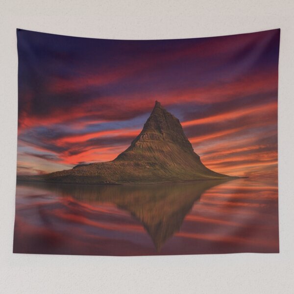 Item preview, Kirkjufell, Iceland, sky with shades of red, sunset, reflective mountain designed and sold by August-E.