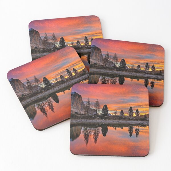 Item preview, Lago di limides, Europe, sky with shades of red, orange sunset, reflective mountain designed and sold by August-E.