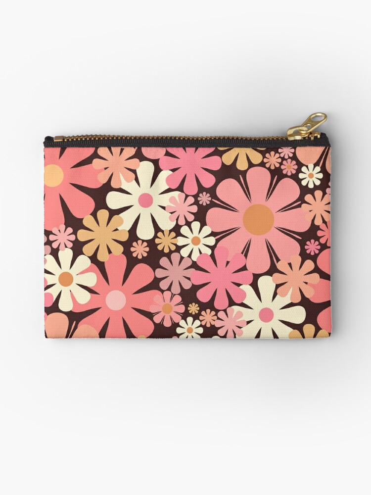 Vintage Aesthetic Retro Floral Pattern in Blush Pink and Brown 60s 70s  Style | Zipper Pouch