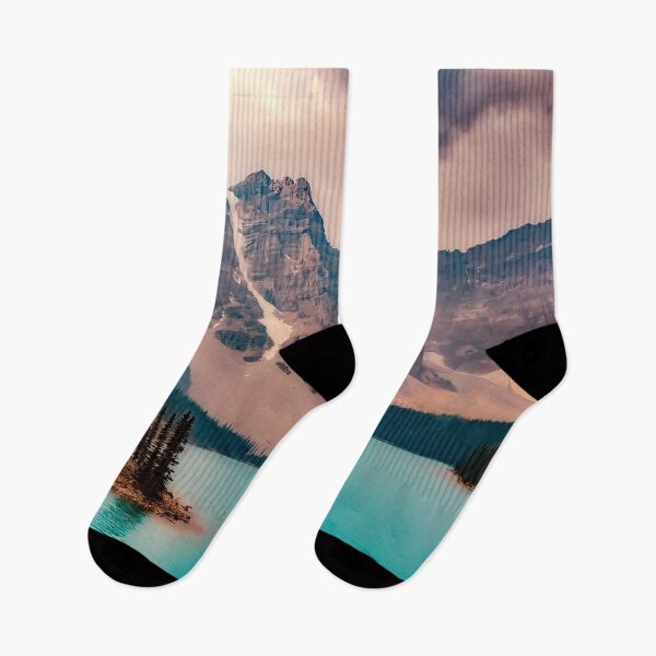 Item preview, Teal blue pure lake, Canada pines, rock mountains, lilac sky morning dreamy landscape photography designed and sold by August-E.