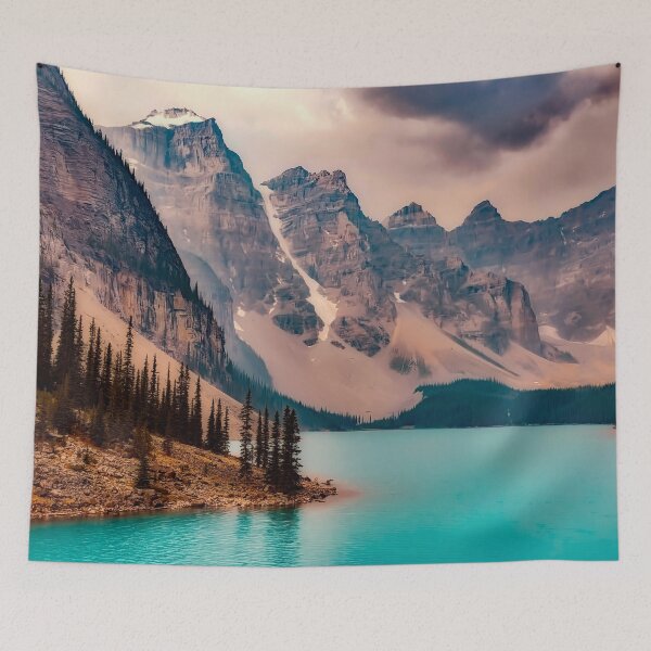 Item preview, Teal blue pure lake, Canada pines, rock mountains, lilac sky morning dreamy landscape photography designed and sold by August-E.