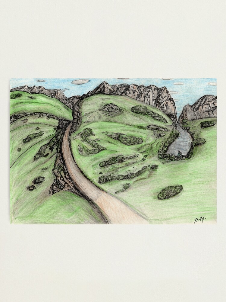 "Green Mountain Pass drawing in pen and ink with colored pencil