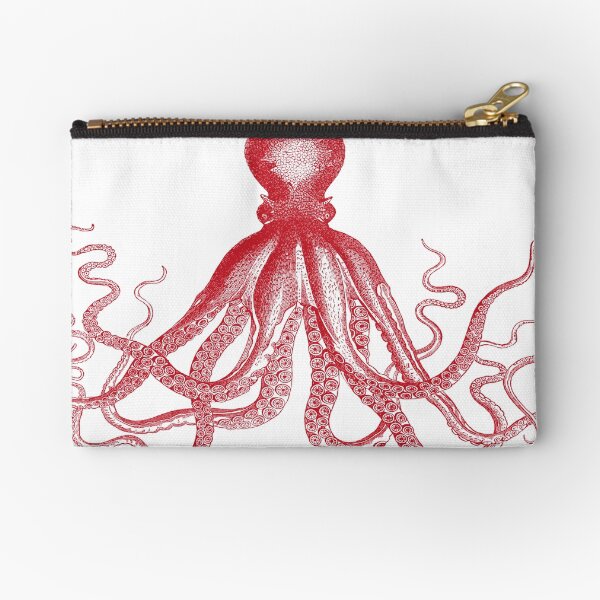 Octopus | Vintage Octopus | Tentacles | Sea Creatures | Nautical | Ocean | Sea | Beach | Red and White | Zipper Pouch