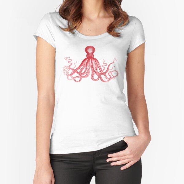 Octopus | Vintage Octopus | Tentacles | Sea Creatures | Nautical | Ocean | Sea | Beach | Red and White | Fitted Scoop T-Shirt