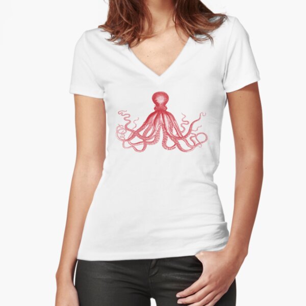 Octopus | Vintage Octopus | Tentacles | Sea Creatures | Nautical | Ocean | Sea | Beach | Red and White | Fitted V-Neck T-Shirt