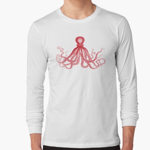 Octopus | Vintage Octopus | Tentacles | Sea Creatures | Nautical | Ocean | Sea | Beach | Red and White | Long Sleeve T-Shirt