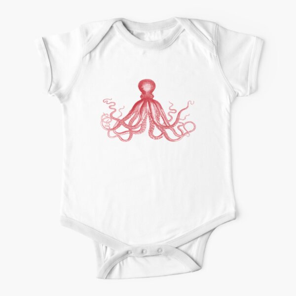 Octopus | Vintage Octopus | Tentacles | Sea Creatures | Nautical | Ocean | Sea | Beach | Red and White |  Short Sleeve Baby One-Piece