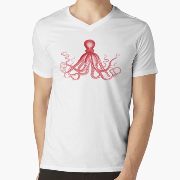 Octopus | Vintage Octopus | Tentacles | Sea Creatures | Nautical | Ocean | Sea | Beach | Red and White | V-Neck T-Shirt