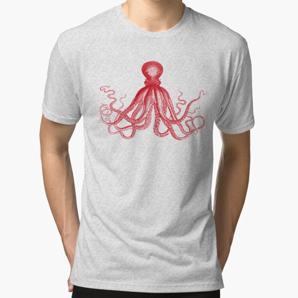 Octopus | Vintage Octopus | Tentacles | Sea Creatures | Nautical | Ocean | Sea | Beach | Red and White | Tri-blend T-Shirt