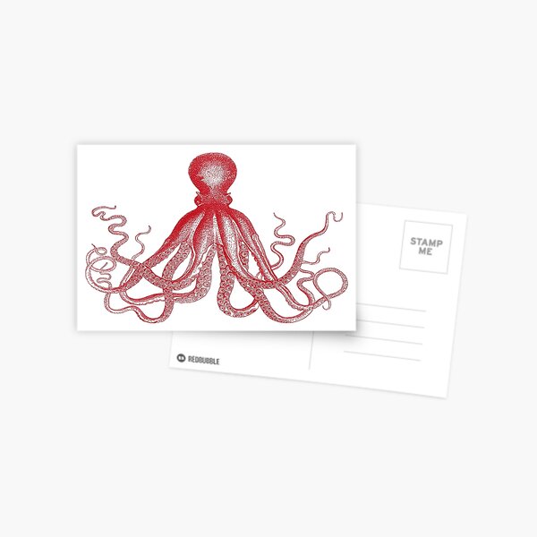 Octopus | Vintage Octopus | Tentacles | Sea Creatures | Nautical | Ocean | Sea | Beach | Red and White | Postcard