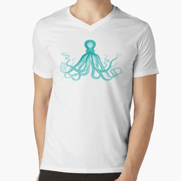 Octopus | Vintage Octopus | Tentacles | Sea Creatures | Nautical | Ocean | Sea | Beach | Teal and White | V-Neck T-Shirt