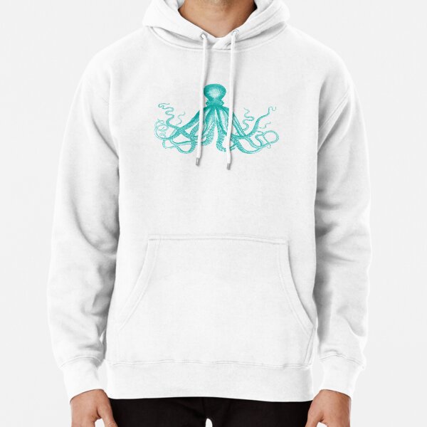 Octopus | Vintage Octopus | Tentacles | Sea Creatures | Nautical | Ocean | Sea | Beach | Teal and White | Pullover Hoodie