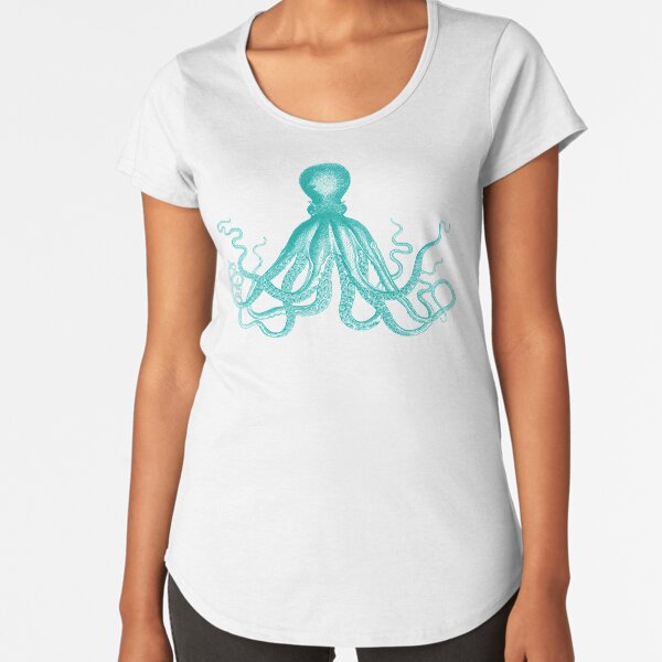 Octopus | Vintage Octopus | Tentacles | Sea Creatures | Nautical | Ocean | Sea | Beach | Teal and White | Premium Scoop T-Shirt