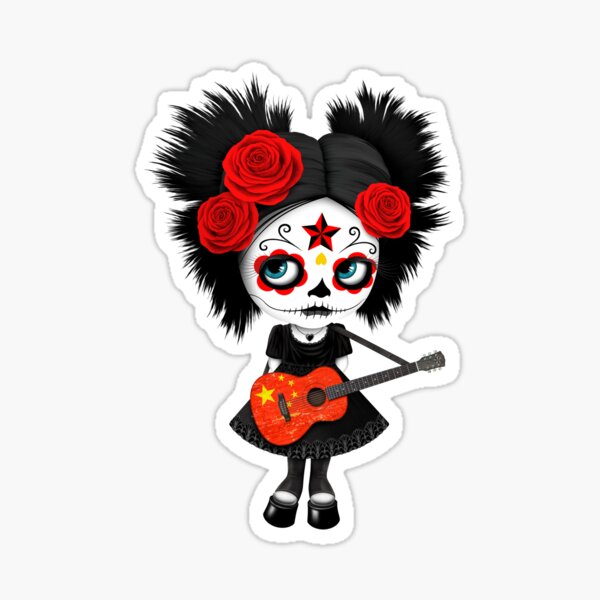 Aperçu de l'œuvre Fille de crâne de sucre jouant la guitare de drapeau chinois créée et vendue par JeffBartels.