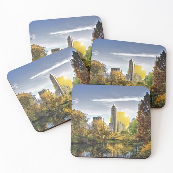 Item preview, Cityscape Skyscrapers with Large Yellow Sun with Lake and Trees and Moon designed and sold by KALEIDOSCOPE UK.