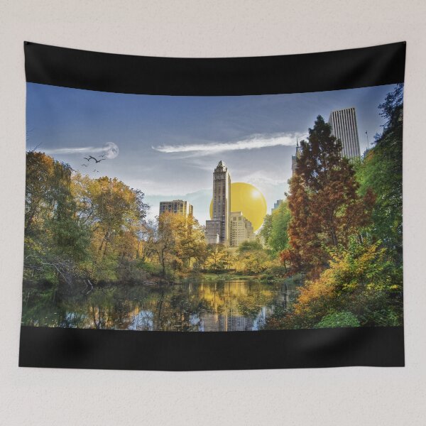 Item preview, Cityscape Skyscrapers with Large Yellow Sun with Lake and Trees and Moon designed and sold by KALEIDOSCOPE UK.