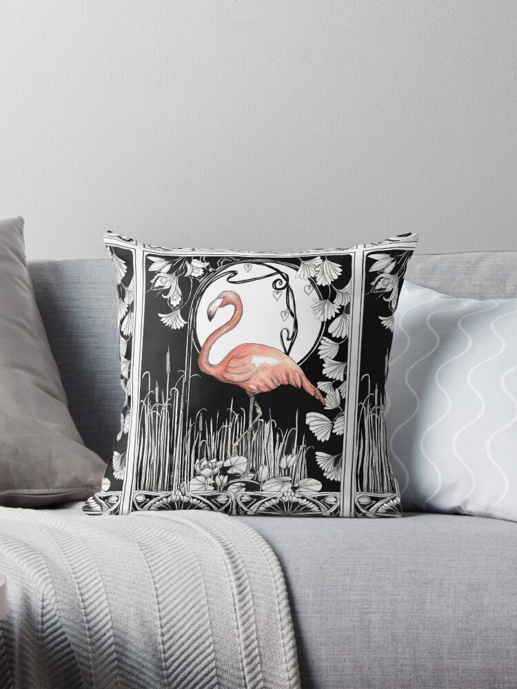 Thumbnail 1 of 4, Pillow, Flamingo nouveau designed and sold by dishmoptop.