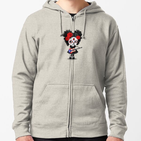 Sugar Skull Girl Playing Puerto Rican Flag Guitar Zipped Hoodie